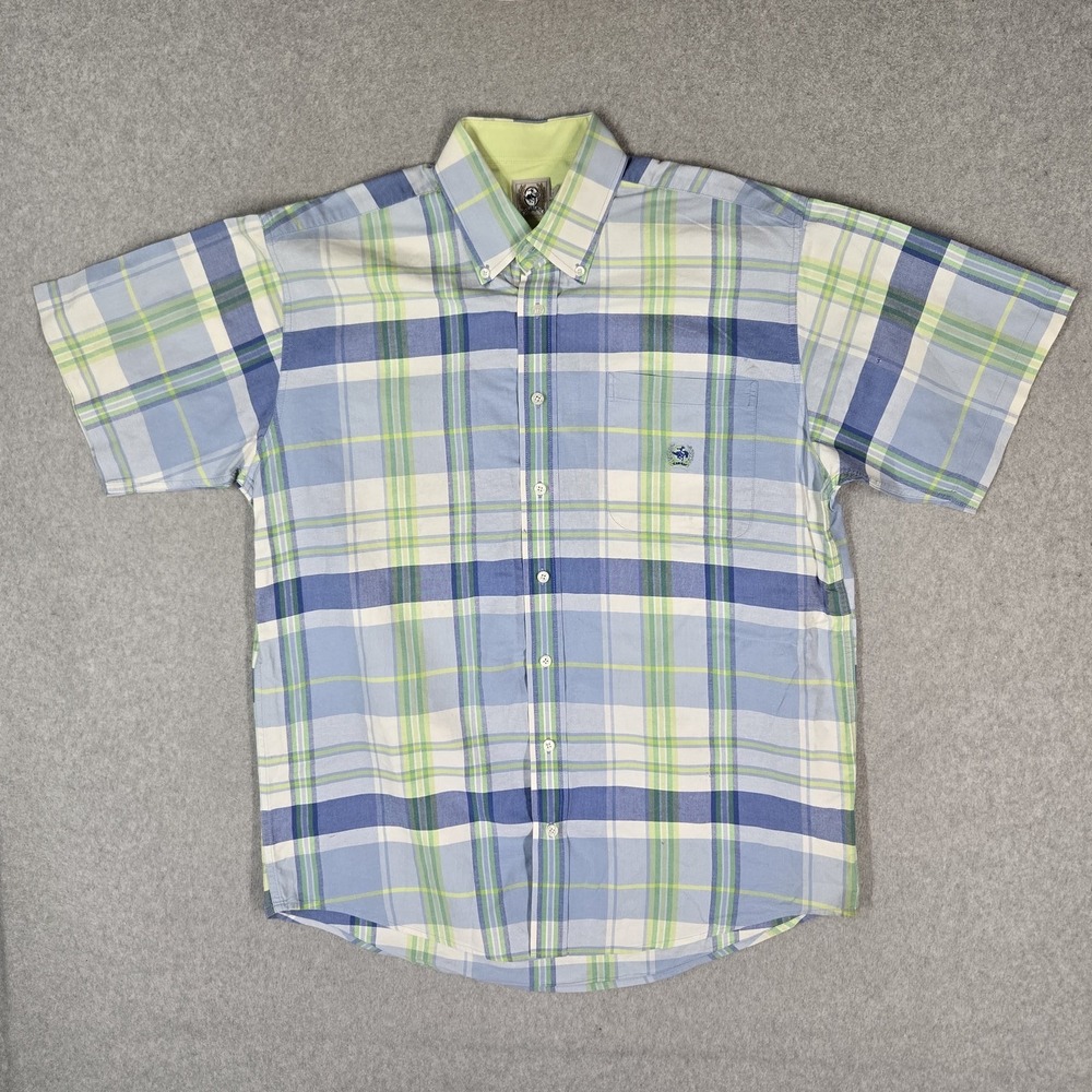 Cinch Men Button Up Shirt M Blue Embroidered Madras Plaid Logo Crest White Label